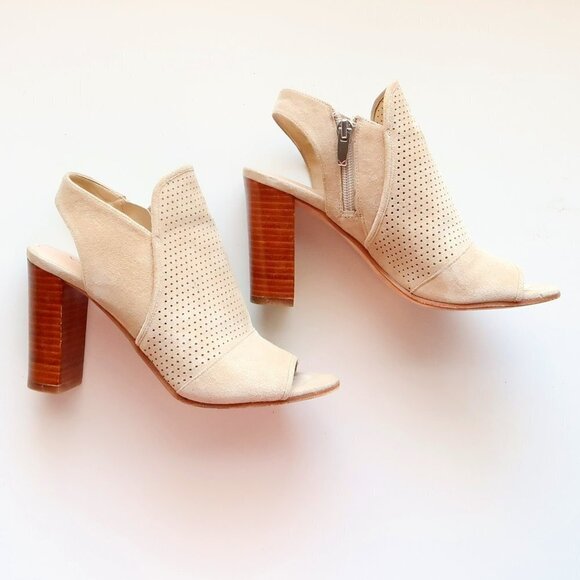 Via Spiga Beige Suede Leather Peep Toe Block Heel Perforated Bootie Shoes 5.5 - Picture 12 of 16